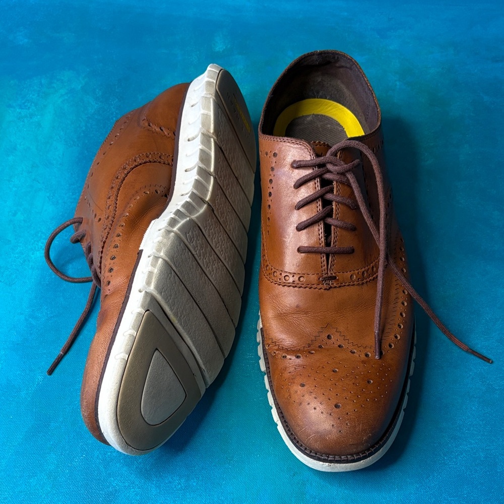 Cole Haan Men’s ZEROGRAND Wingtip Oxford British Tan Leather Shoes Flexible Sole